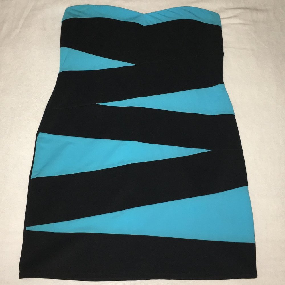 Black and Blue Mini Striped Strapless Dress